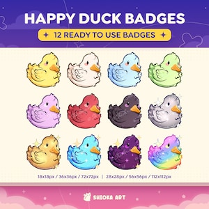 May include: Twelve colourful cartoon rubber duck badges in various sizes. The badges feature a happy duck with a fluffy body and a shiny finish. The text "HAPPY DUCK BADGES" and "12 READY TO USE BADGES" is at the top of the image. The text "18x18px / 36x36px / 72x72px | 28x28px / 56x56px / 112x112px" is at the bottom of the image.