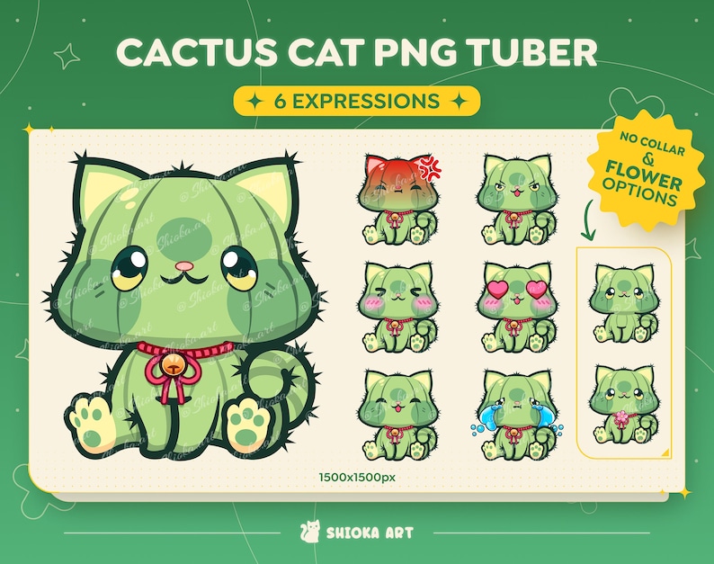 Cactus Cat PNGtuber for Twitch, YouTube, Discord, Veadotube, Cute Streamer Graphics, Animal Vtuber image 1