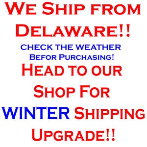 May include: Text on a white background in red and blue. The text reads "WE SHIP FROM DELAWARE!! CHECK THE WEATHER BEFOR PURCHASING! HEAD TO OUR SHOP FOR WINTER SHIPPING UPGRADE!!"