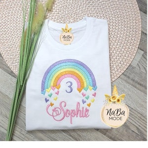 Birthday shirt with rainbow. Girls 1 2 3 4 5 6 7 8 9 birthday. Tshirt with name and number, personalized gift.