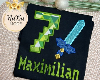 Birthday shirt pixel sword, t-shirt with number and name, pixel mining and crafting, boy birthday 2 3 4 5 6, pixel art blocks