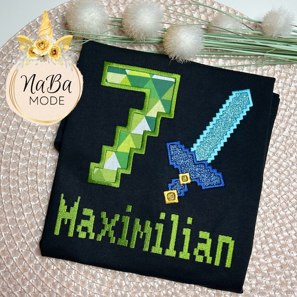 Birthday shirt pixel sword, t-shirt with number and name, pixel mining and crafting, boy birthday 2 3 4 5 6, pixel art blocks