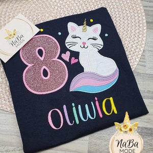 Unicorn Cat Birthday Shirt with name and number. Girls 2 3 4 5 6 7 8 9 birthday. cat birthday party. Personalized gift.