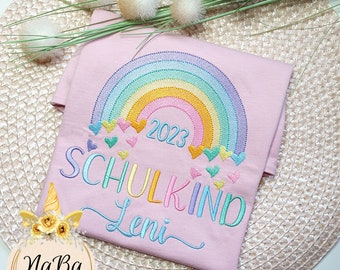 School Child 2024 T-Shirt Girl with Rainbow and Name, School Enrollment, Gift, Back to School, First Class Shirt, Personalized.