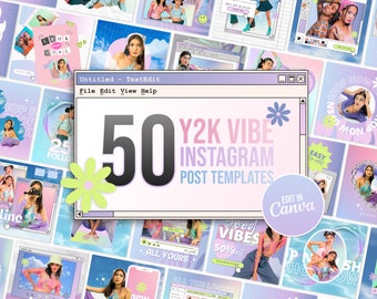 May include: A collage of 50 Instagram post templates with a Y2K vibe. The templates feature a variety of colours, patterns, and fonts, and are designed to be easy to edit in Canva. The text "50 Y2K VIBE INSTAGRAM POST TEMPLATES" is displayed in a large, bold font.