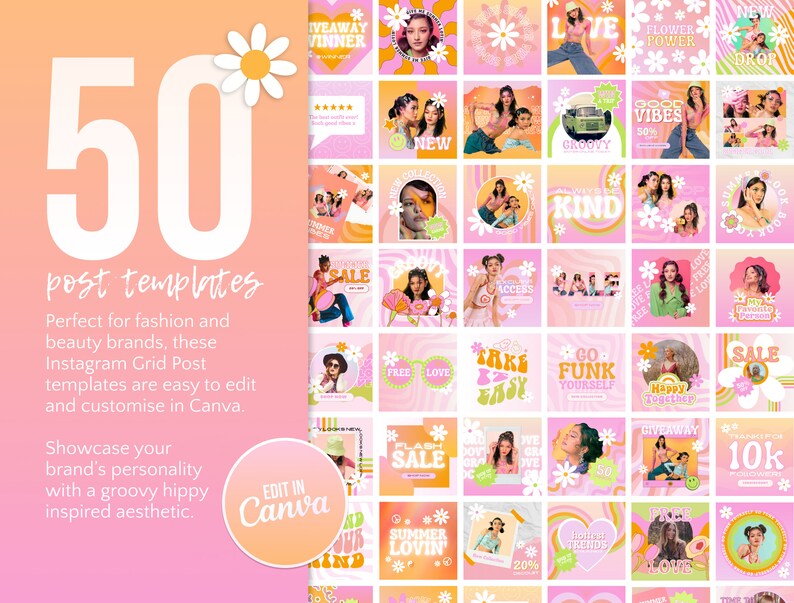 Retro Instagram Post Template | Groovy 60s 70s Canva Templates | Pink ...