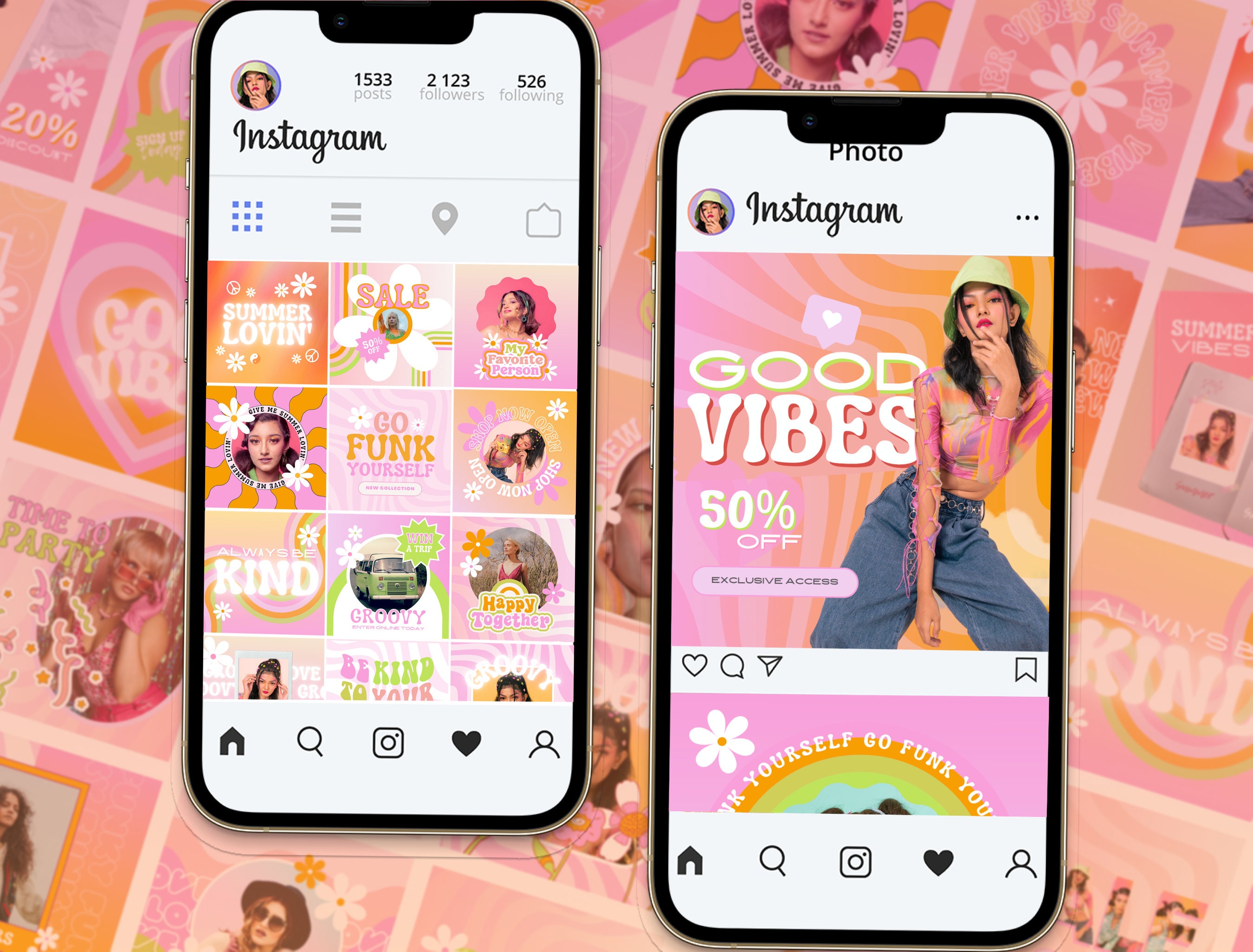 Retro Instagram Post Template | Groovy 60s 70s Canva Templates | Pink ...