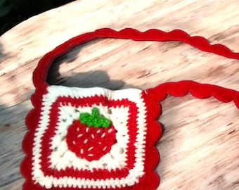 Kawaii Style Strawberry Granny Square Purse-Cute-Handmade-Unique-Small-Kawaii Accessories-Lightweight-Birthday-Summer-Spring-Fun-Colorful