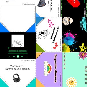 May include: A collection of colorful, illustrated cards with various designs and text. Designs include a pixelated controller, a possum in a cowboy hat, and a rainbow. Text includes phrases like "Friendship Level Unlocked" and "You pass the vibe check."