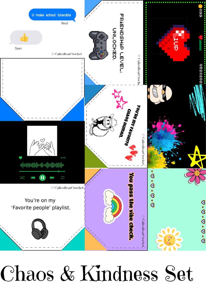 May include: A collection of colorful, illustrated cards with various designs and text. Designs include a pixelated controller, a possum in a cowboy hat, and a rainbow. Text includes phrases like "Friendship Level Unlocked" and "You pass the vibe check."