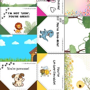 May include: A collection of illustrated cards with playful animal characters and pun-based phrases. The cards feature a llama with sunglasses, a lion, a dinosaur, a puppy, and a bee, with phrases like "You're Llamazing!" and "You're Dino-Mite!"