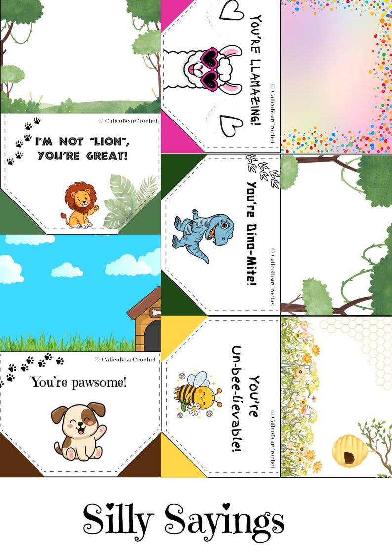 May include: A collection of illustrated cards with playful animal characters and pun-based phrases. The cards feature a llama with sunglasses, a lion, a dinosaur, a puppy, and a bee, with phrases like "You're Llamazing!" and "You're Dino-Mite!"
