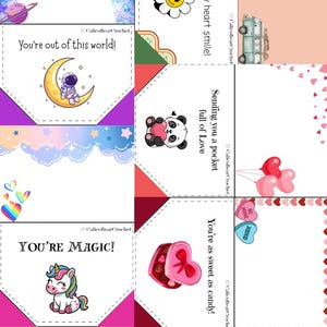 May include: A collection of colorful greeting cards with various designs and messages. The cards feature illustrations of a smiling flower, a panda holding a heart, a unicorn, and an astronaut on the moon. Text includes "You make my heart smile!" and "You're out of this world!"