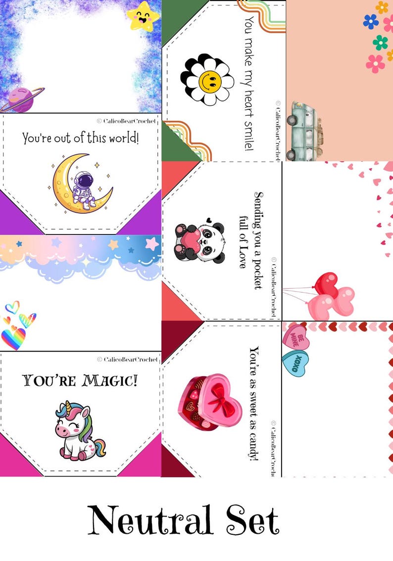May include: A collection of colorful greeting cards with various designs and messages. The cards feature illustrations of a smiling flower, a panda holding a heart, a unicorn, and an astronaut on the moon. Text includes "You make my heart smile!" and "You're out of this world!"