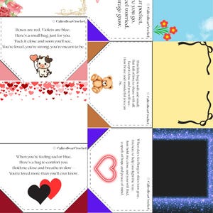 May include: A set of colorful, folded paper cards with encouraging messages and illustrations. The cards feature a cow holding a heart balloon, a teddy bear, and a glowing heart. The words "Heartstrings Set" are at the bottom.