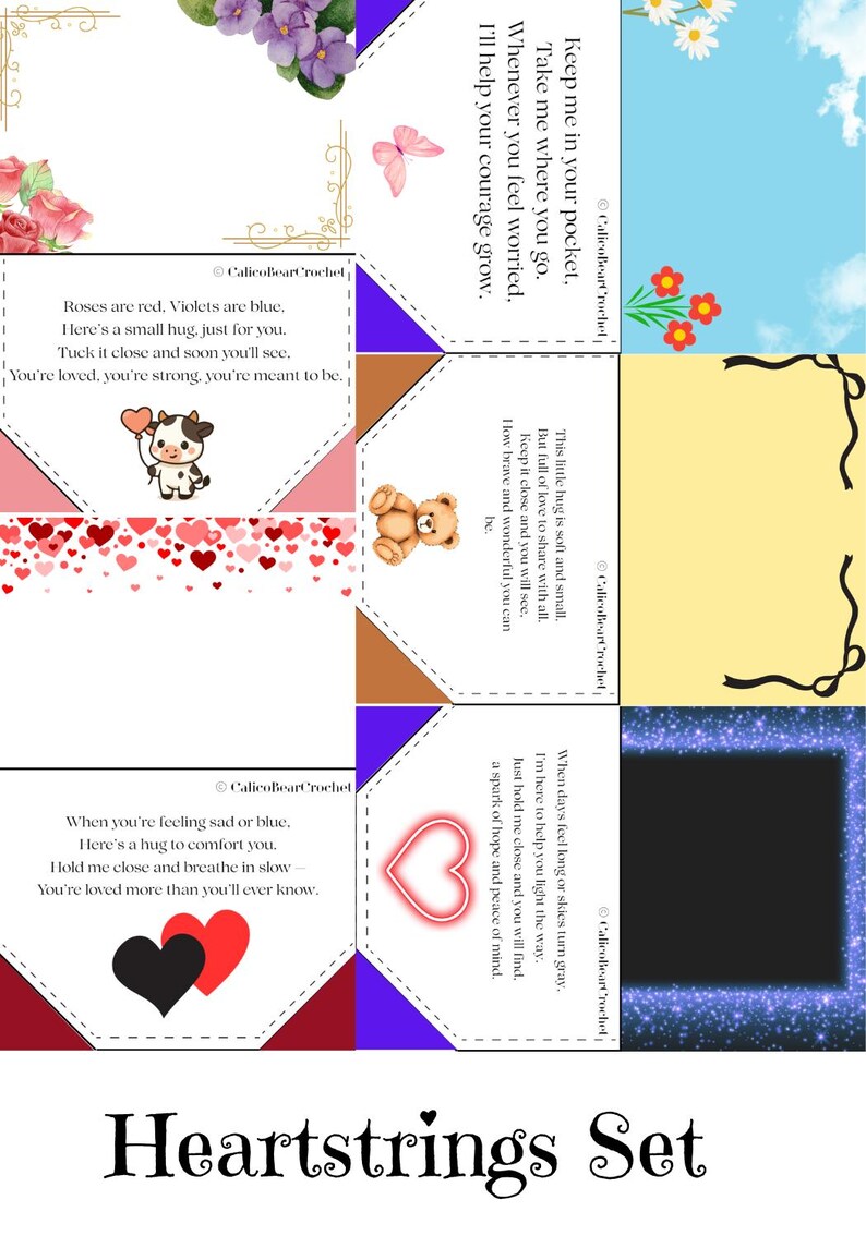 May include: A set of colorful, folded paper cards with encouraging messages and illustrations. The cards feature a cow holding a heart balloon, a teddy bear, and a glowing heart. The words "Heartstrings Set" are at the bottom.