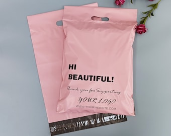 100pcs Custom handle mailer bags with logo printed,shipping bags for online business packing,Pink poly mailer with logo social media printed