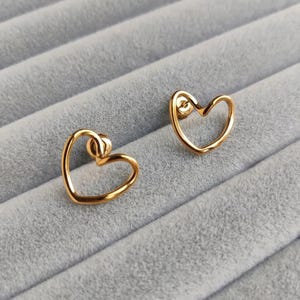 Dainty Gold Heart Stud Earrings: Minimalist Wire Jewelry