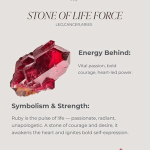 May include: A deep red ruby crystal displayed on a light background with text including RUBY, July, STONE OF LIFE FORCE, LEO, CANCER, ARIES, Energy Behind: Vital passion, bold courage, heart-led power, Symbolism & Strength, and My passion is alive, bold, and true.