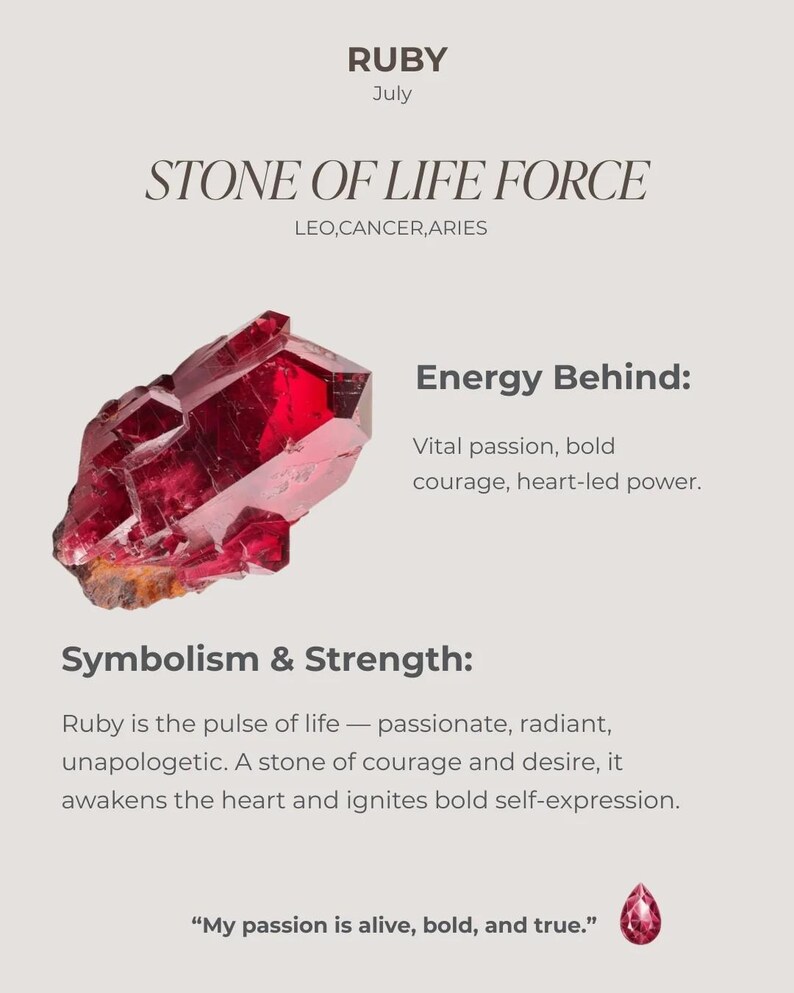 May include: A deep red ruby crystal displayed on a light background with text including RUBY, July, STONE OF LIFE FORCE, LEO, CANCER, ARIES, Energy Behind: Vital passion, bold courage, heart-led power, Symbolism & Strength, and My passion is alive, bold, and true.