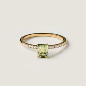 Emerald Cut Peridot Ring: 14K Gold Band, Diamond Accents