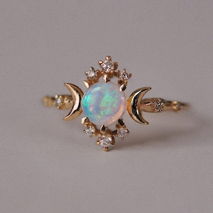 14K Yellow Gold Opal Star Ring: Celestial Moissanite Wedding Band