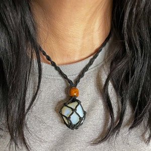 Opalite Crystal Holder Necklace • Woven Black Necklace • Boho Chic Style • Interchangeable Crystal Pouch • Crystal Holder