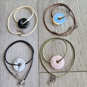 Crystal Donut Pendant Leather Necklace with Color Options. Opal Pi Crystal. Donut Stone Necklace. Good Luck Charm. Crystal Donut Choker.
