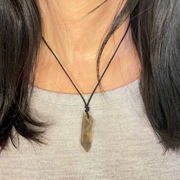 Raw Smoky Quartz Pendant Necklace with Natural Rustic Stone, Black Cord, Irregular Stone Pendant, Gift for Dad, Special Gift for Boyfriend