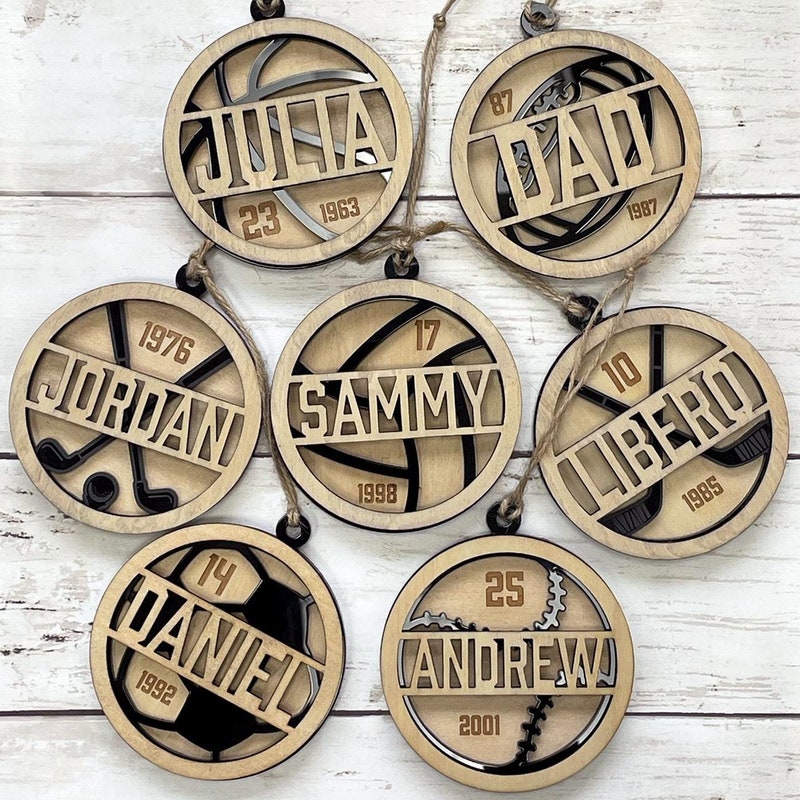 🎁Buy 2 FREE SHIPPING🎁 Custom Sports Ball Ornaments, Personalized Wooden Ornaments, Football, Baseball, Basketball, Soccer Ball Decor, Meaningful Holiday Gifts