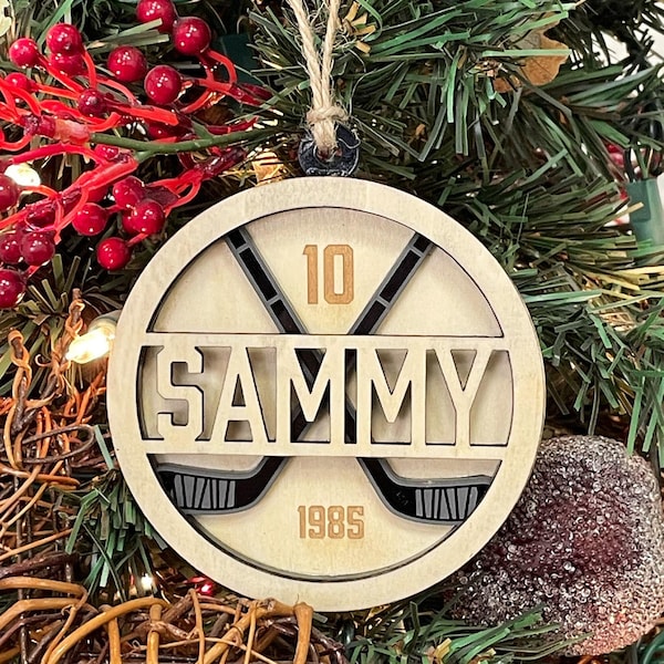 Personalized Hockey Ornament: Engraved Wooden Sports Gift