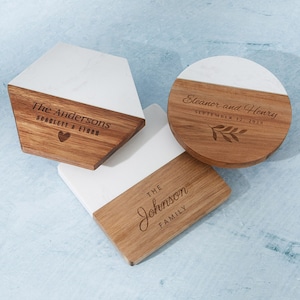 GAM Custom Coasters, Wooden Marble Coasters, Personalized Coasters Set, Housewarming Gift, Wedding Coasters