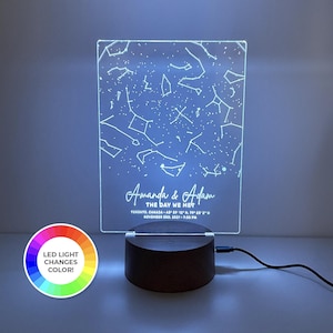 1er anniversaire, Acrylique, Cadeau d'anniversaire, Céleste, Carte céleste, Ciel nocturne personnalisé, Signe de fiançailles, Lampe lunaire, Carte du ciel personnalisée