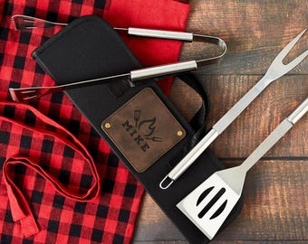Personalized BBQ Grill Tool Set, Custom Engraved Utensils with Leather Case
