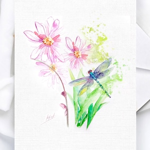 Watercolor dragonfly greeting card art,greeting cards handmade, flowers greeting cards, watercolor greeting cards, painted greeting card