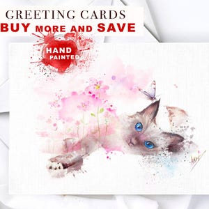 Art de chaton de carte de voeux, art de note de chat, carte mignonne de peinture d'animal, carte de peinture d'aquarelle de chaton, carte de voeux d'anniversaire de chat d'aquarelle