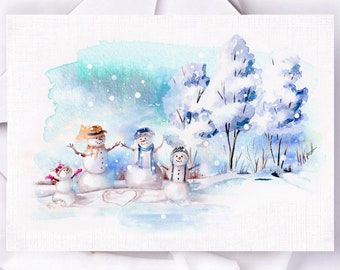 Christmas greeting card snowman note card,watercolor snowman card, unique texture note cards,watercolor Christmas card, Happy holidays card