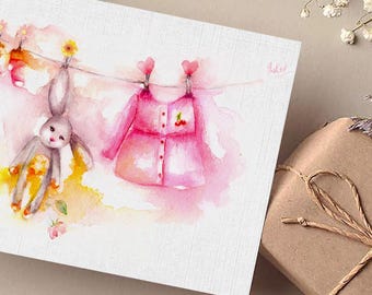 Babyshower wenskaart kunst, aquarel konijn schilderij wenskaart, aquarel konijntje notitiekaart kunst, mooie unieke kinderverjaardag