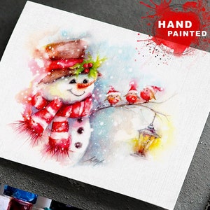 Tarjeta de felicitación navideña, tarjeta de muñeco de nieve, tarjeta de muñeco de nieve de acuarela, tarjetas de textura única, tarjeta navideña de acuarela, tarjeta de felices fiestas