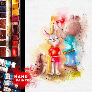 Tarjeta de felicitación con animales lindos, tarjetas de felicitación de bellas artes con conejitos en acuarela, tarjeta con animales bebés pintados, tarjeta de cumpleaños con conejito, tarjetas con animales bebés