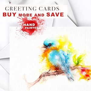 Cartão comemorativo com aquarela de pássaros, cartão comemorativo com pássaros em aquarela, pintura de cartão de aniversário com pássaros, pintura de cartões comemorativos, arte de cartão comemorativo exclusiva