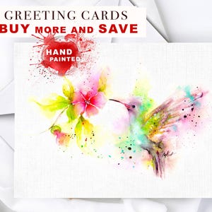 Carte de voeux oiseau et fleurs à l'aquarelle, carte de correspondance colibri, carte de voeux d'anniversaire art colibri, carte de correspondance colorée unique animaux