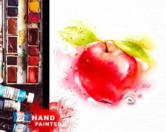 水彩画の赤いリンゴとワームのグリーティング カード アート、絵画のリンゴ カード、赤いフルーツのノート カード、誕生日のフルーツ カード、水彩画の美しいリンゴ