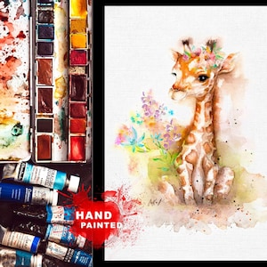 Art de carte de voeux de bébé girafe, carte de voeux de peinture de girafe aquarelle, art de carte de note de girafe aquarelle, animaux uniques de carte d'aquarelle
