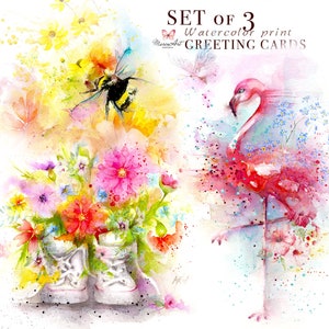 Cartões de felicitações animais conjunto de 3, cartões de natureza de nota de aniversário, cartões de papel de linho animais, animais aquarela, arte de cartão em papel de textura