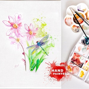 Arte de cartão de saudação de libélula em aquarela, cartões de saudação feitos à mão, cartões de saudação de flores, cartões de saudação em aquarela, cartão de saudação pintado