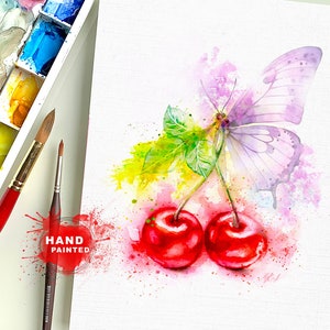 Arte della cartolina d'auguri di ciliegia dell'acquerello, carta di ciliegia dipinta, carta di note di frutta rossa, cartolina d'auguri di frutta di compleanno, bella ciliegia in acquerello
