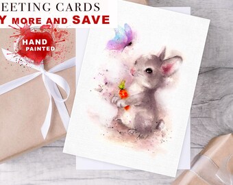 Tarjeta de felicitación con diseño de conejo, tarjeta de felicitación con pintura de conejo en acuarela, tarjeta de notas con diseño de conejo en acuarela, tarjeta de acuarela con hermosos animales únicos de 5x7