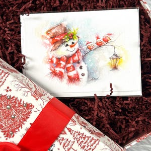 Christmas greeting card snowman note card,watercolor snowman card, unique texture note cards,watercolor Christmas card, Happy holidays card image 1