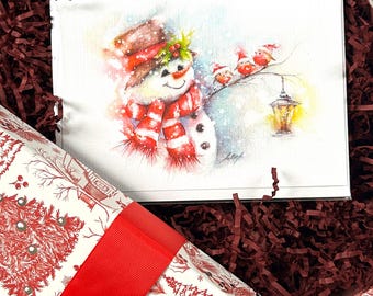 Christmas greeting card snowman note card,watercolor snowman card, unique texture note cards,watercolor Christmas card, Happy holidays card